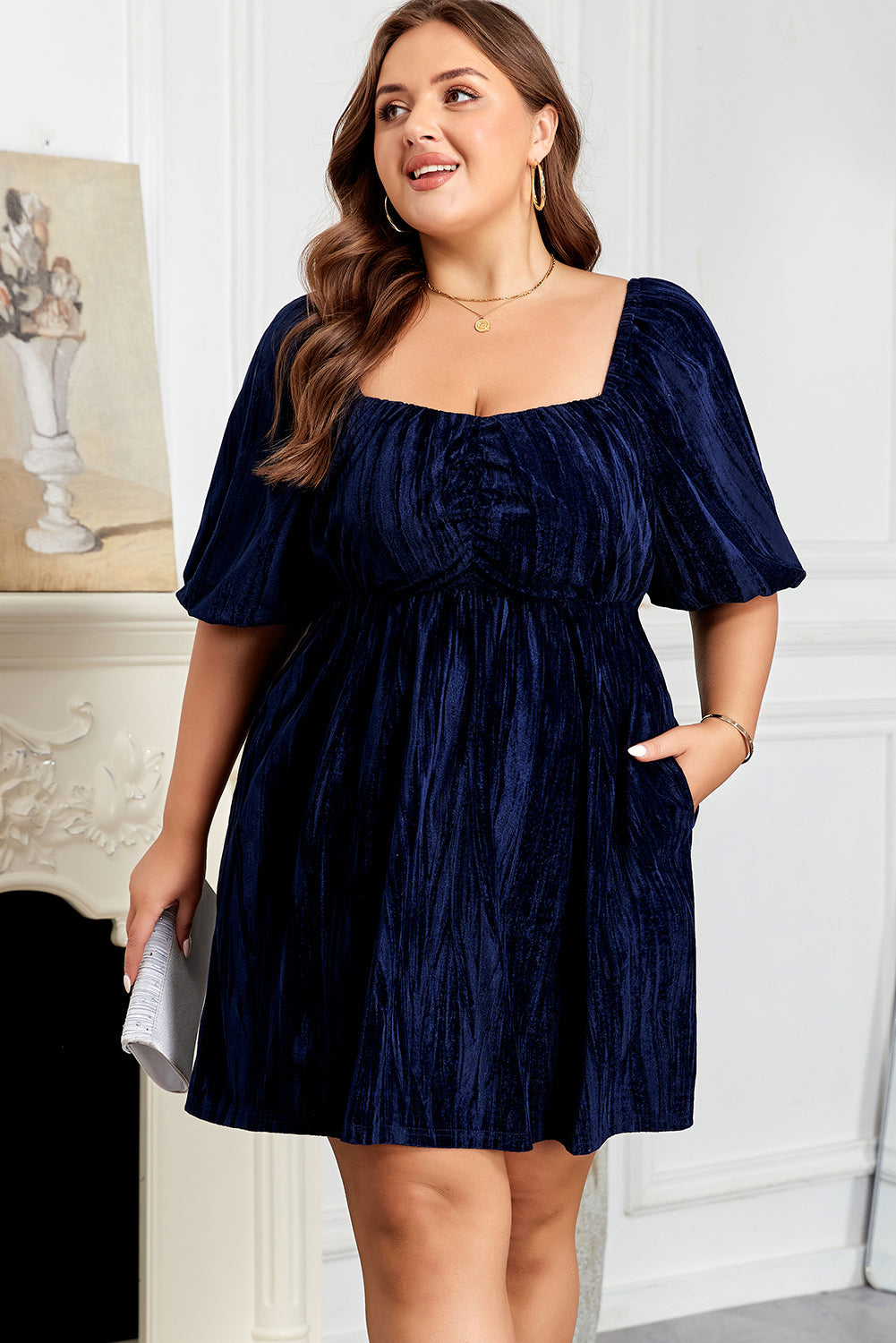 Navy Velvet Ruched Bust Square Neck Short Puff Sleeve Dress