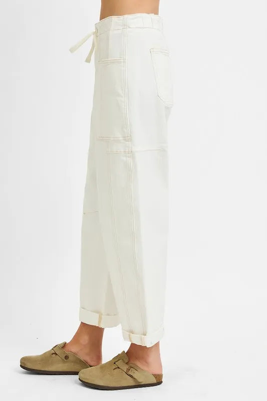 RISEN Plus White High Rise Crop Wide Barrel Cargo Jeans