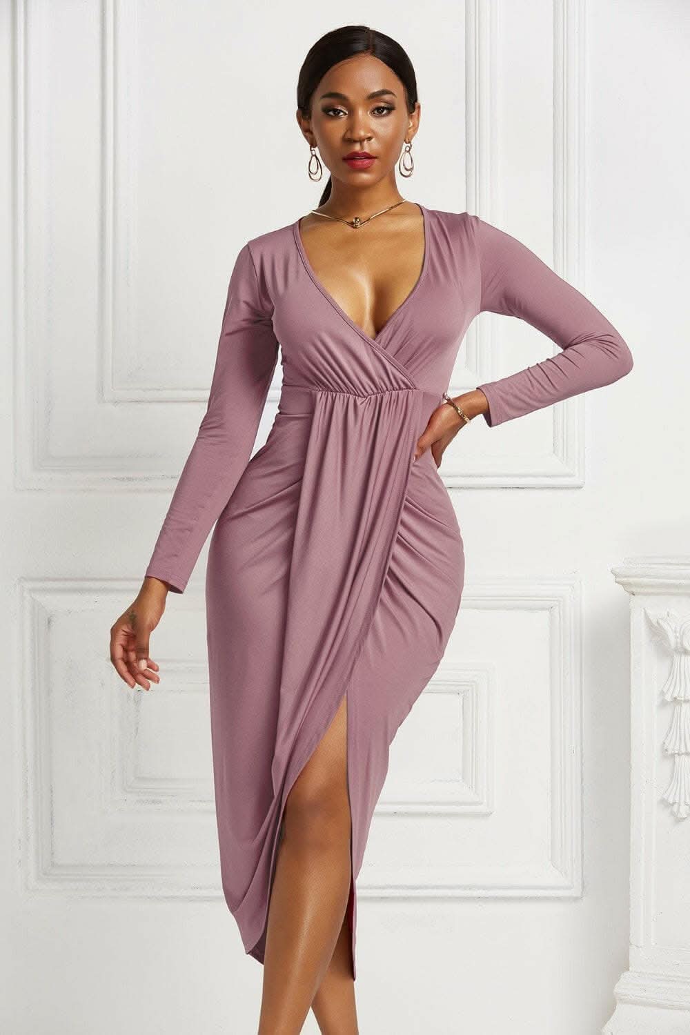 Elegant ruched surplice dress