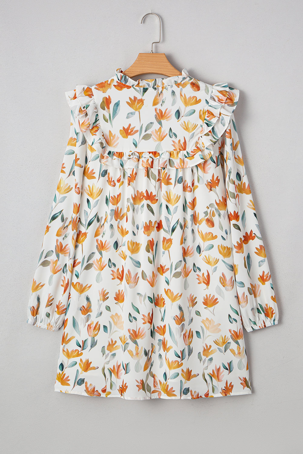 Yellow Floral Print Tie Neck Frilled Long Sleeve Mini Dress