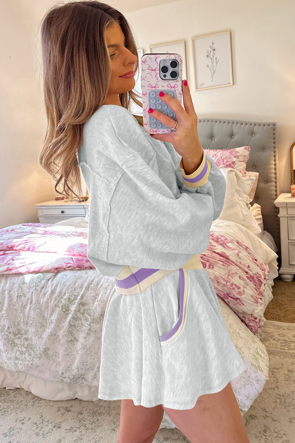 Premium Light Grey Contrast Striped Cropped Pullover And Short Set