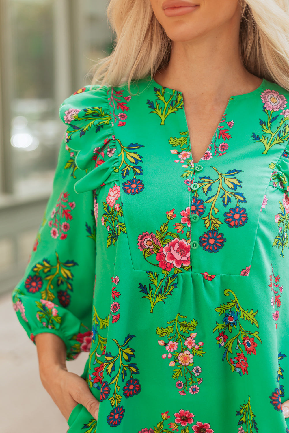 Premium Green Floral Ruffled Three Quarter Sleeve Buttoned Dress