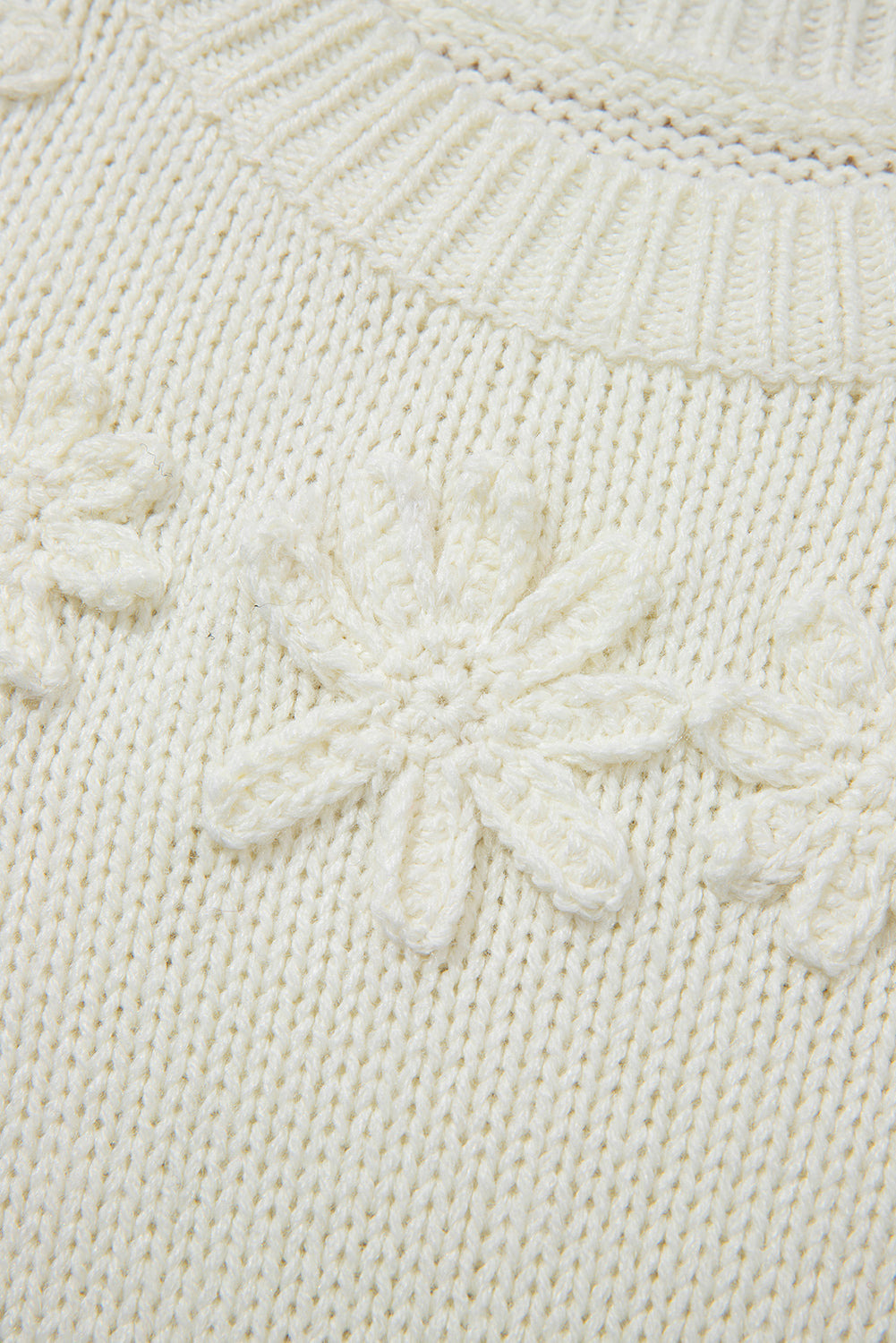 White Flower Round Neck Textured Puff Sleeve Sweater
