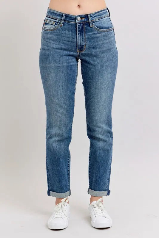 Judy Blue Plus Size Mid Rise Skinny Cuff Jeans with Pockets