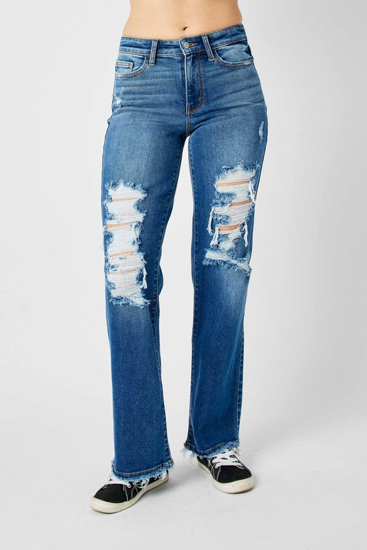 Premium Judy Blue Full Size Mid Rise Distressed Raw Hem Jeans