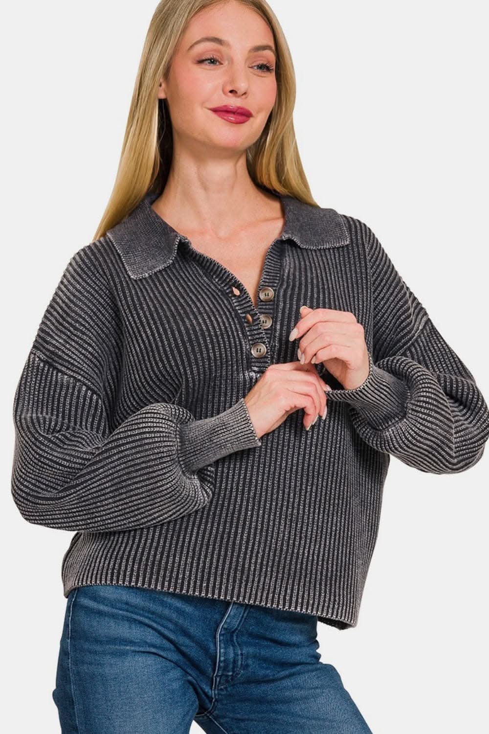 Zenana cozy half button sweater