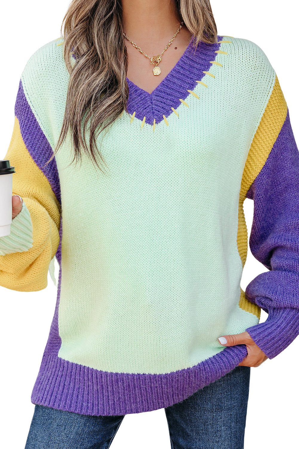 Premium Green Stitched V Neck Color Block Knitted Drop Shoulder Sweater