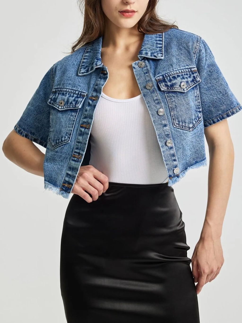 Cropped Short Sleeve Denim Jacket with Frayed Hem