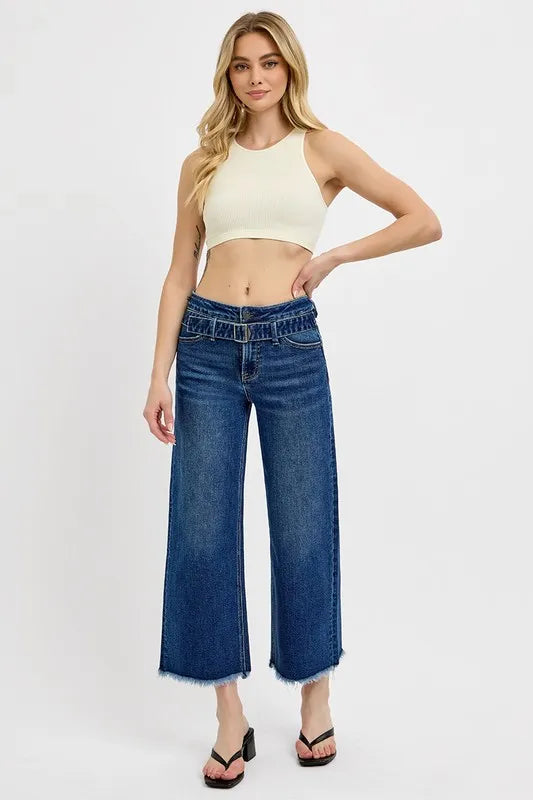 Risen Raw Hem Wide Leg Attached Buckle Jeans