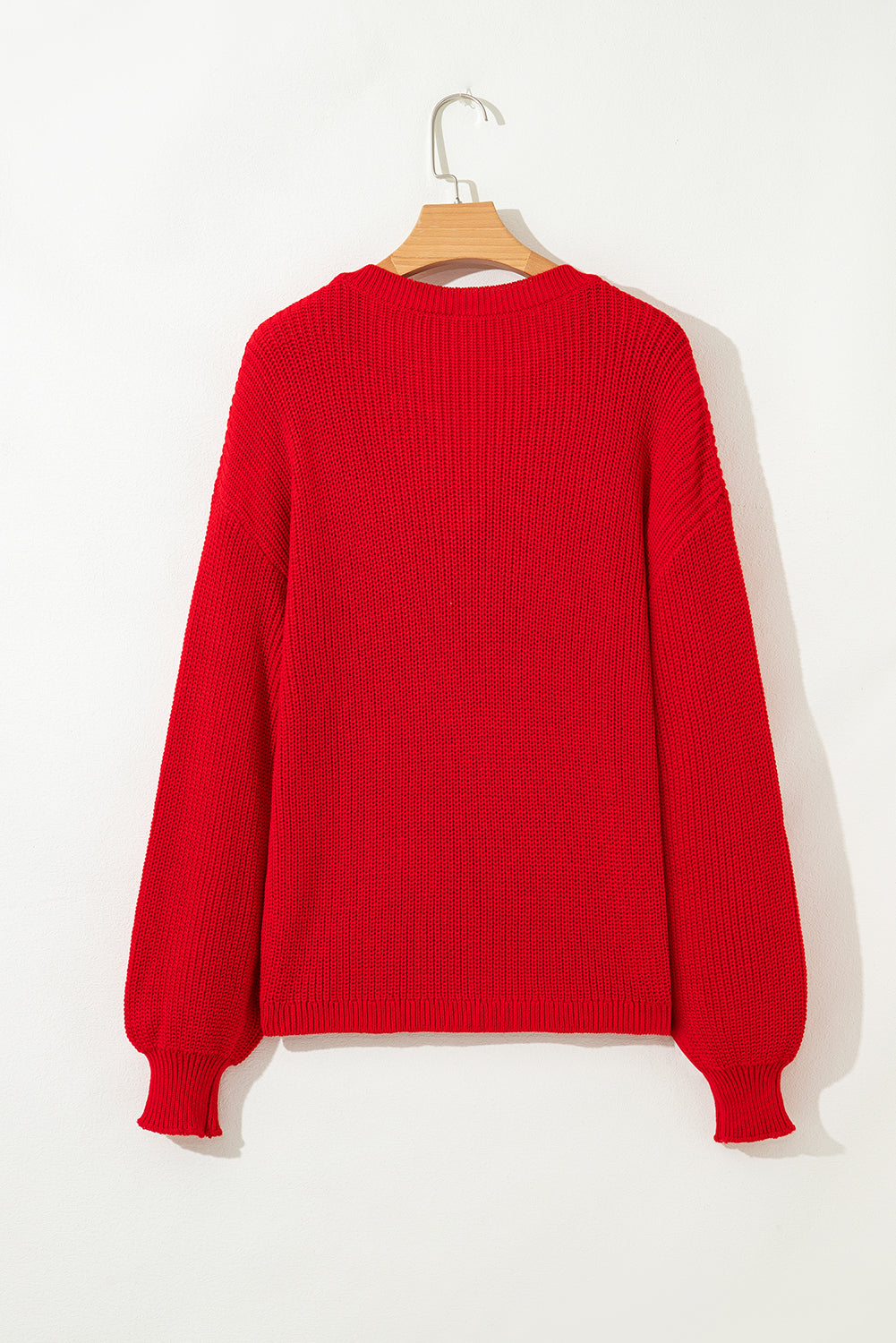 Premium Racing Red Solid Textured Knit V Neck Drop Shoulder Sweater