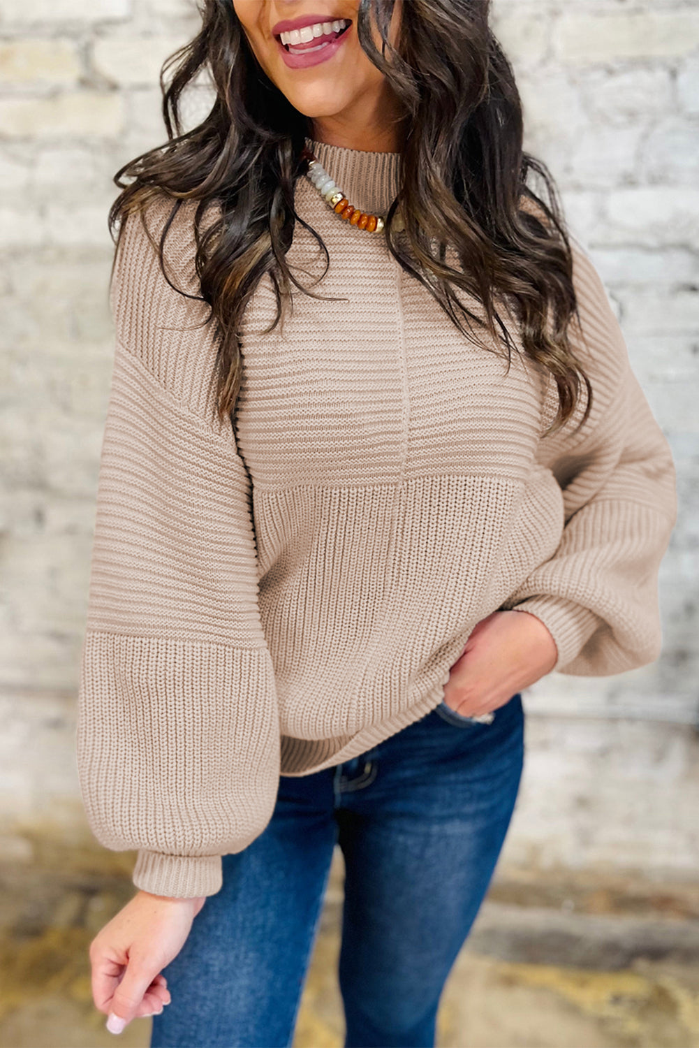 Premium Parchment Mixed Texture Patchwork Knitted Puff Sleeve Sweater