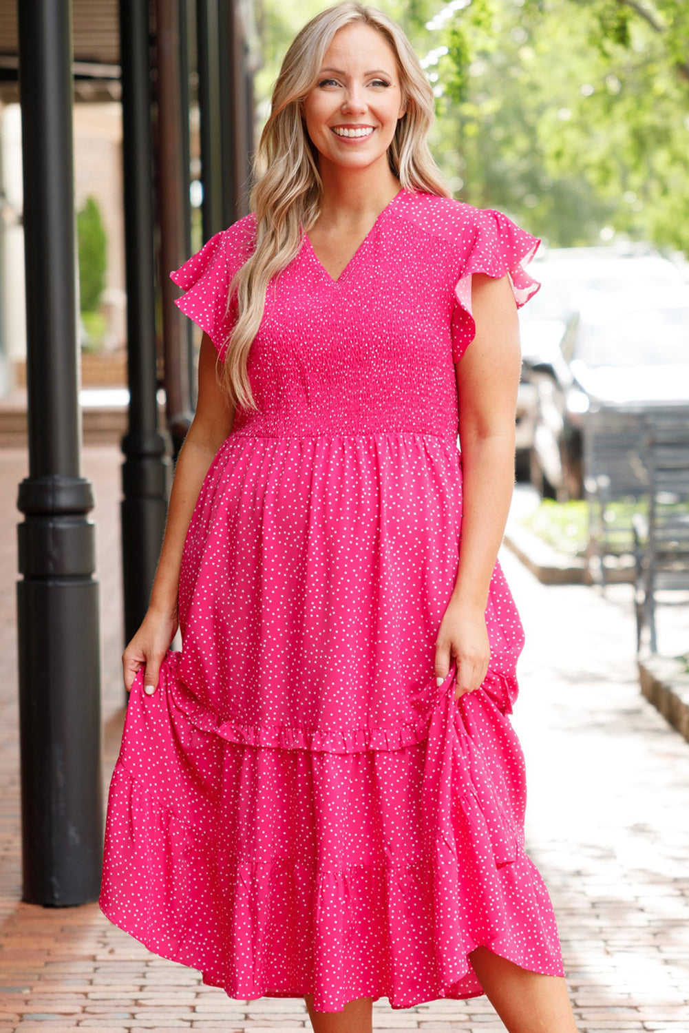 Rose Polka Dot Print Ruffled Smocked Plus Size Midi Dress