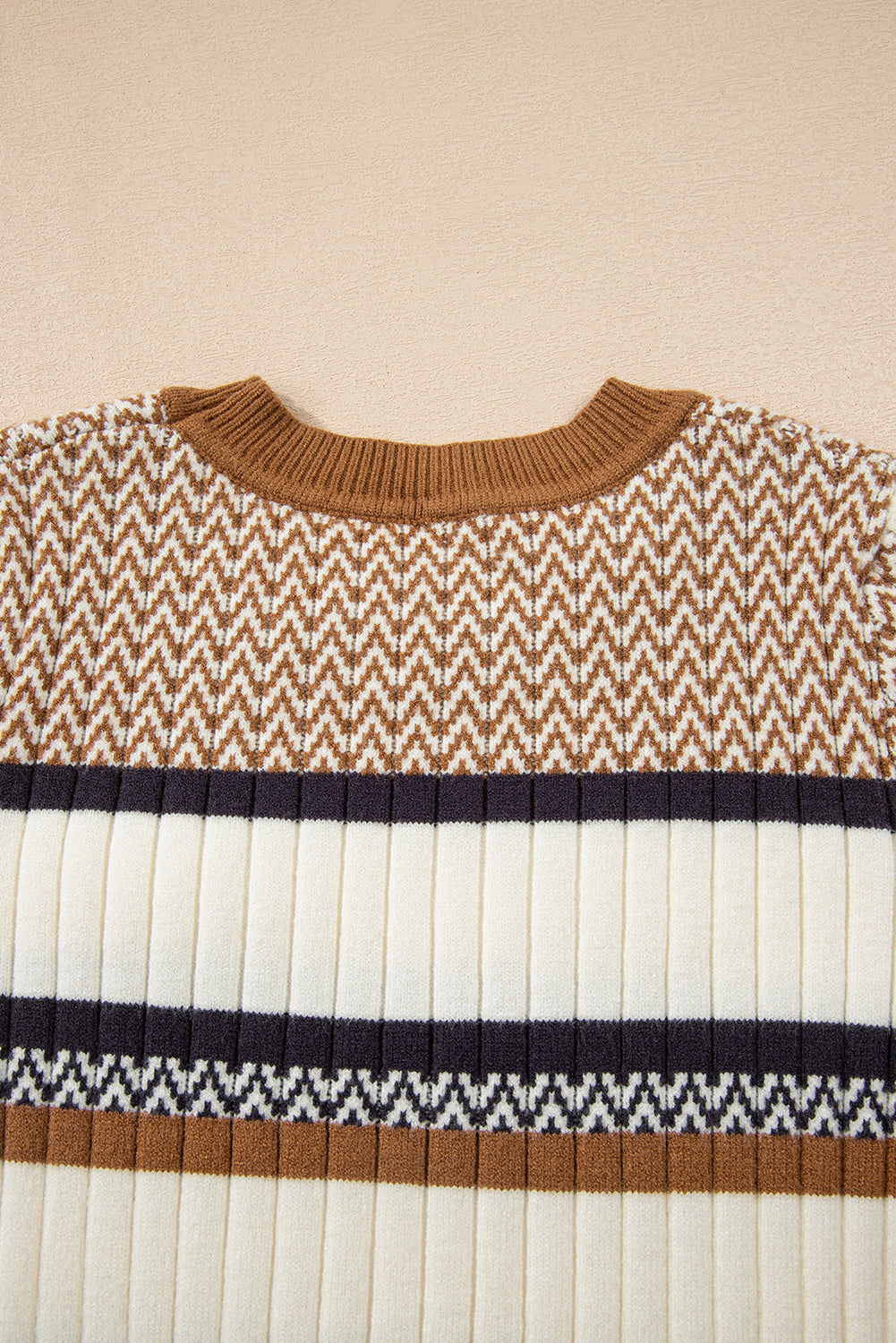 Premium Brown Stripe Knit Slim Sweater With Ribbed Trim Detail