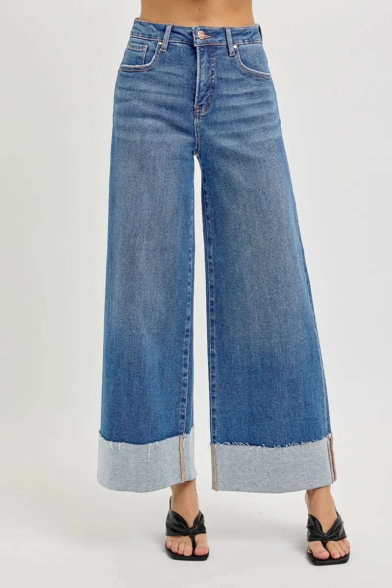 Risen Tummy Control High Rise Crop Wide Cuffed Jeans