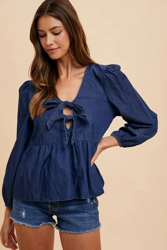 Trendsi Annie Wear Navy Blue Denim Peplum Top Small