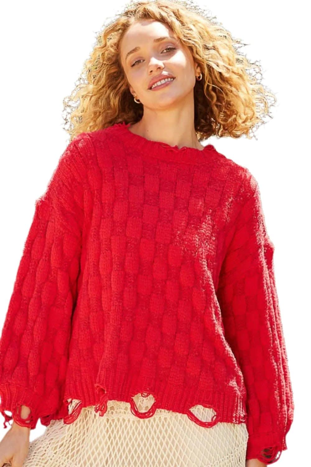 POL Checkered Distressed Edge Sweater