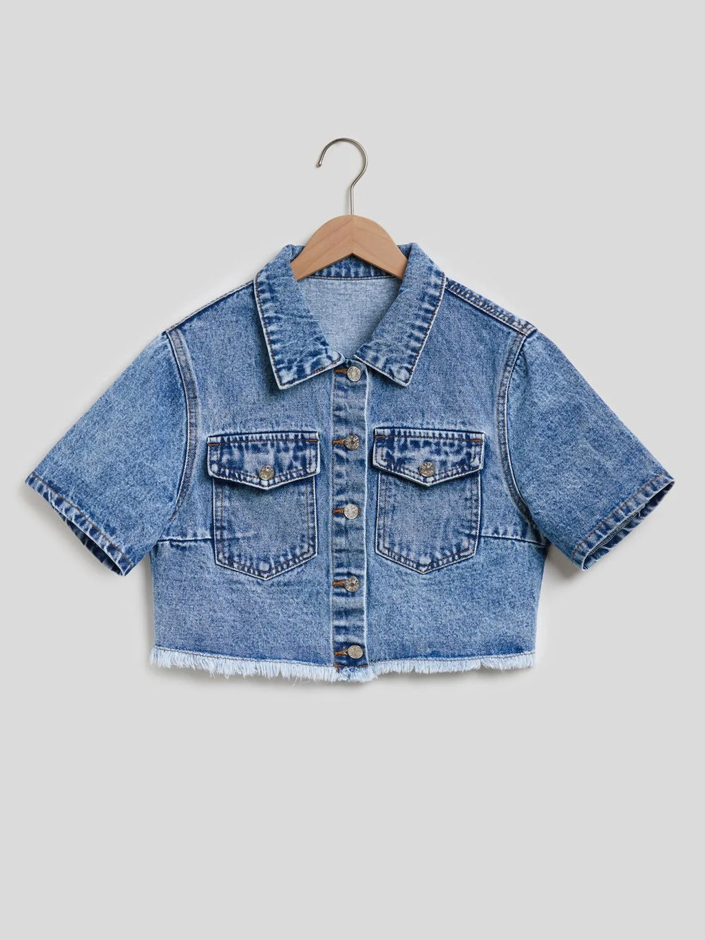 Cropped Short Sleeve Denim Jacket with Frayed Hem