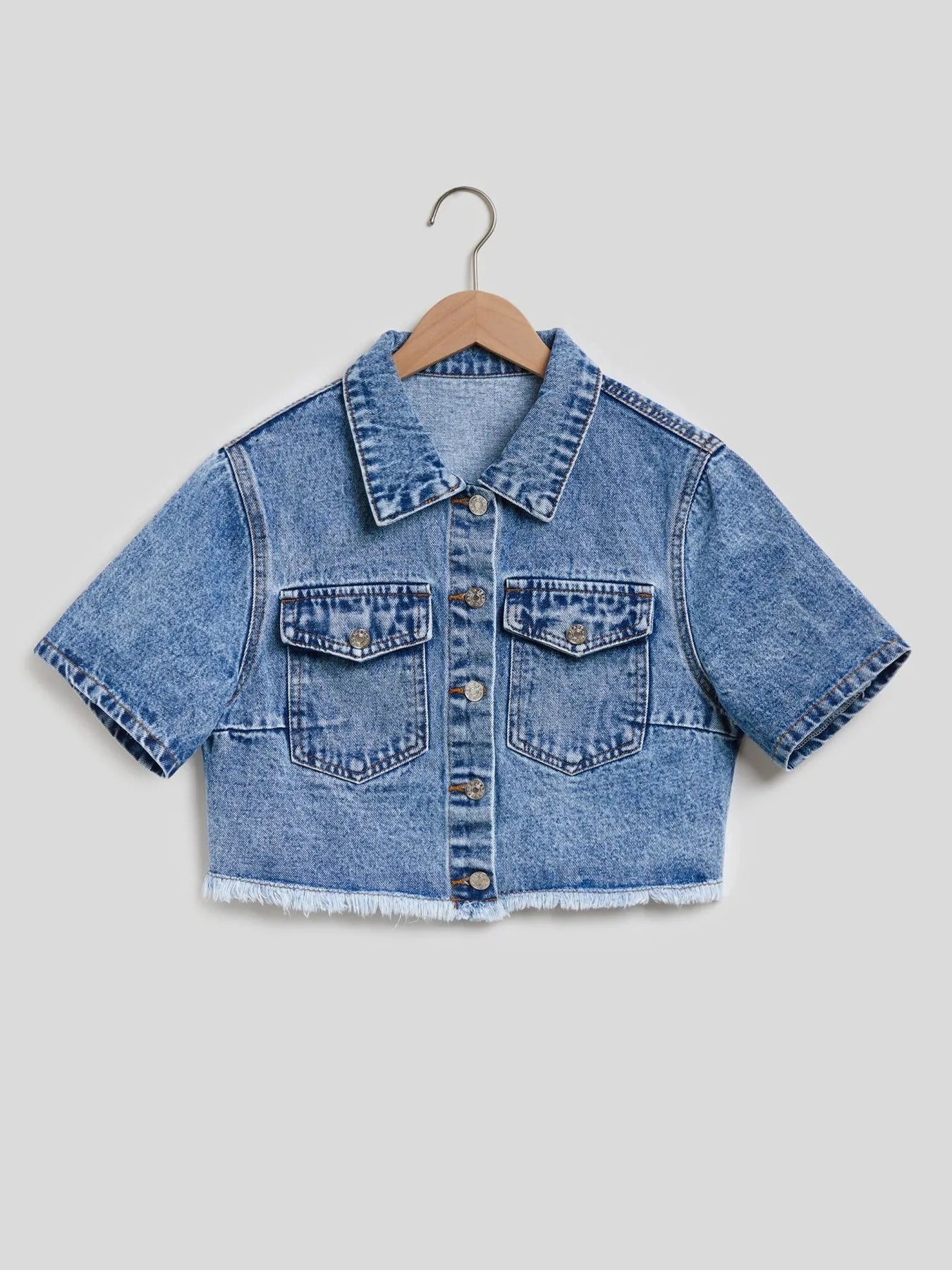 Cropped Short Sleeve Denim Jacket with Frayed Hem
