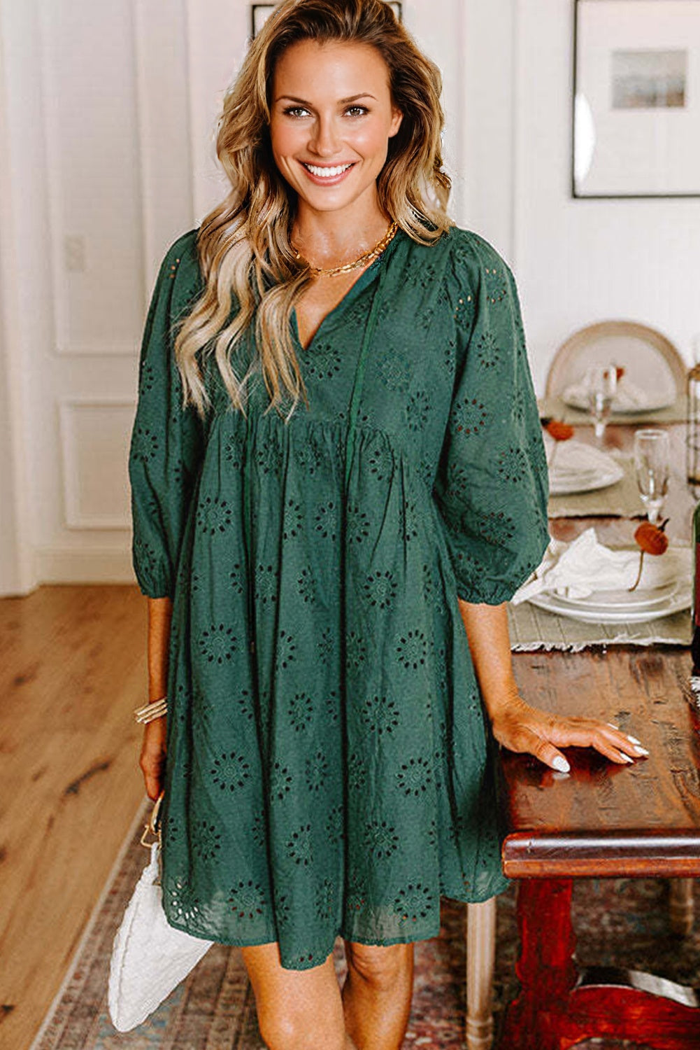 Blackish Green Eyelet Embroidered Swing Dress Puff Sleeve