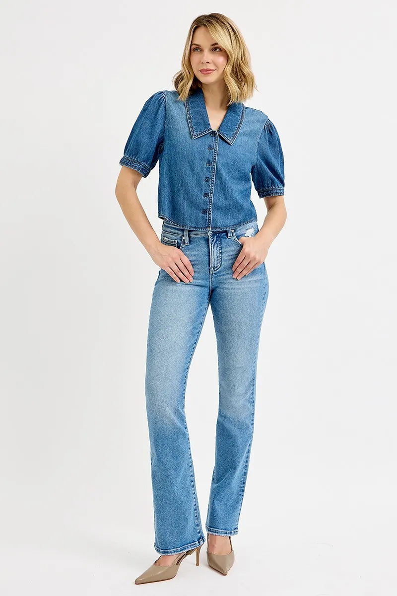 Risen Button Down Puff Sleeve Crop Denim Shirt For Women