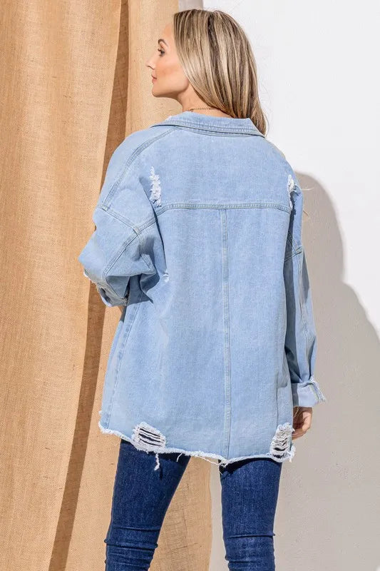Trendsi And The Why Ripped Denim Jacket with Button Front and Flap Pockets