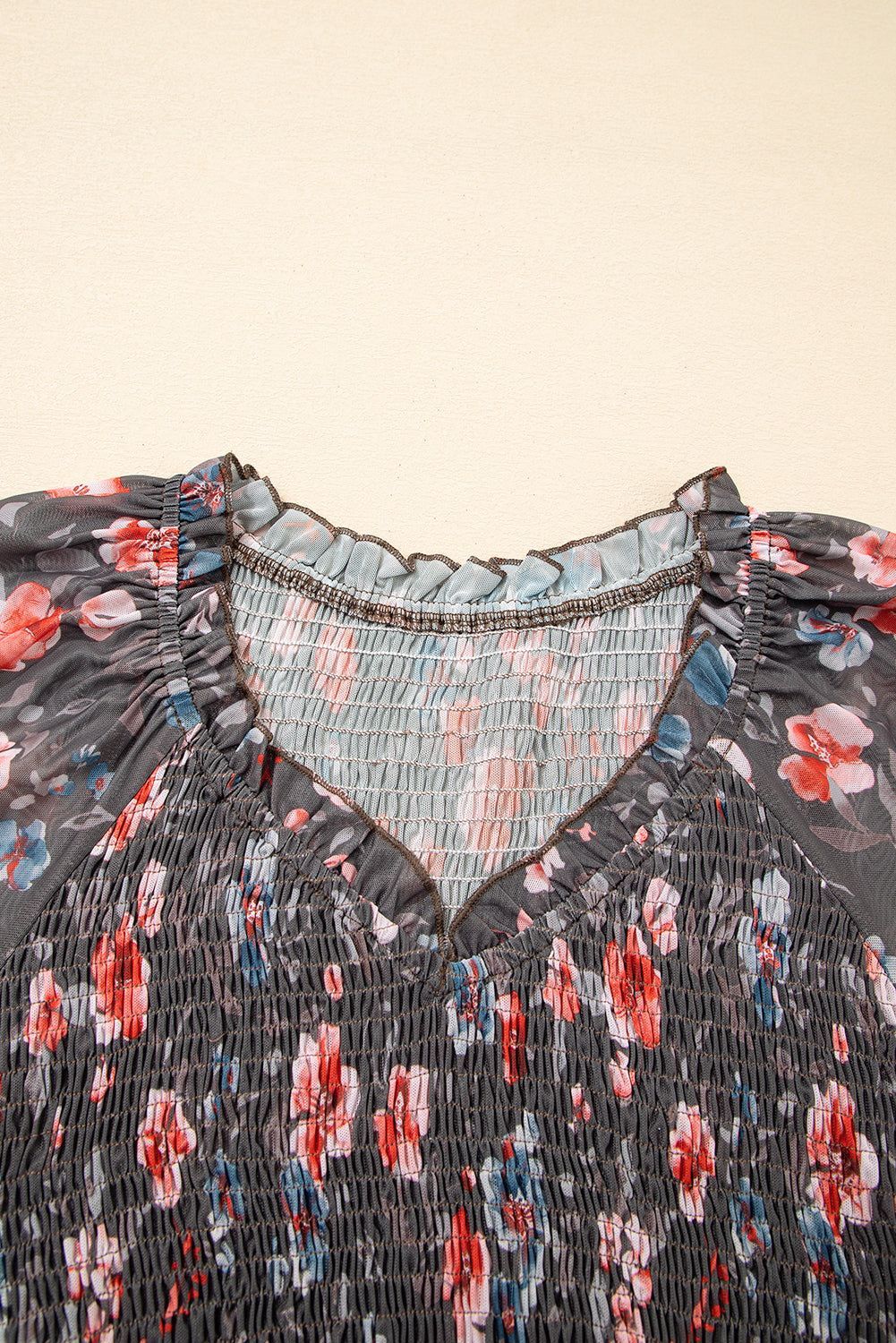 Brown Frilly Smocked Bodice Mesh Long Sleeve Mini Dress