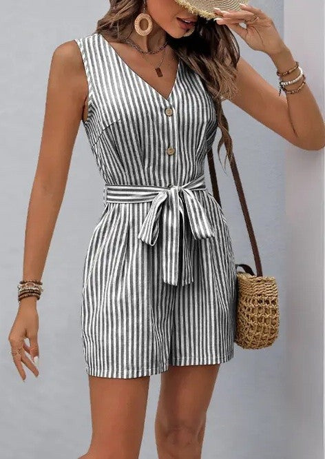 Sleeveless Striped Tie-Waist Romper