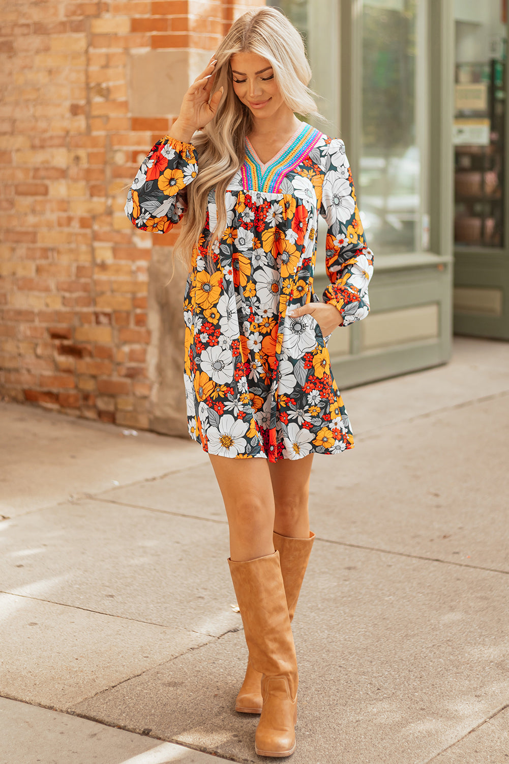 Orange Floral Print Lace V Neck Long Sleeve Mini Dress