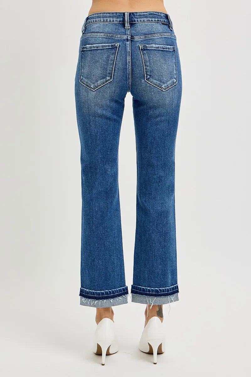 RISEN Mid Rise Ankle Straight Cuffed Jeans