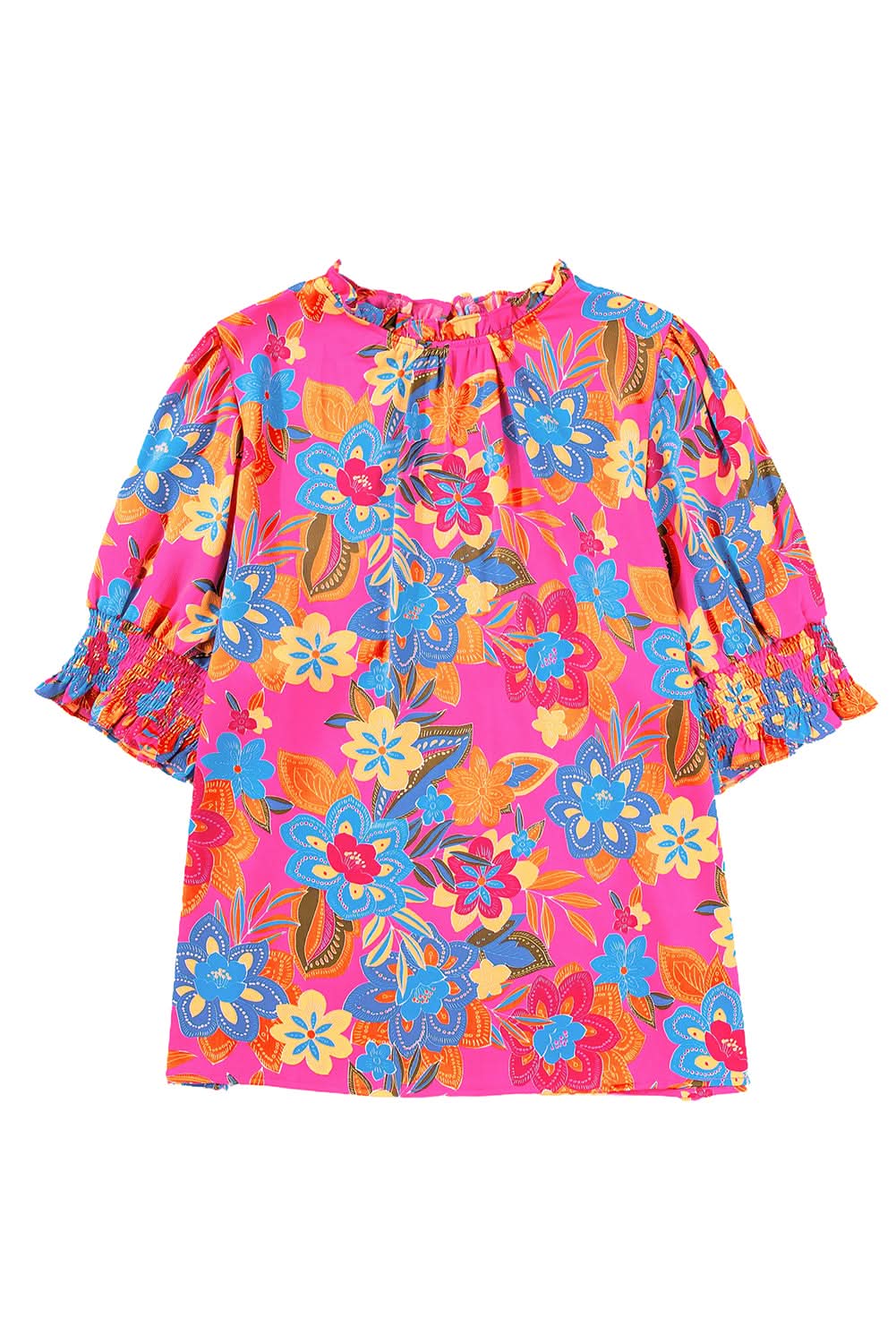 Rose plus floral blouse - frilly neck, puff sleeves