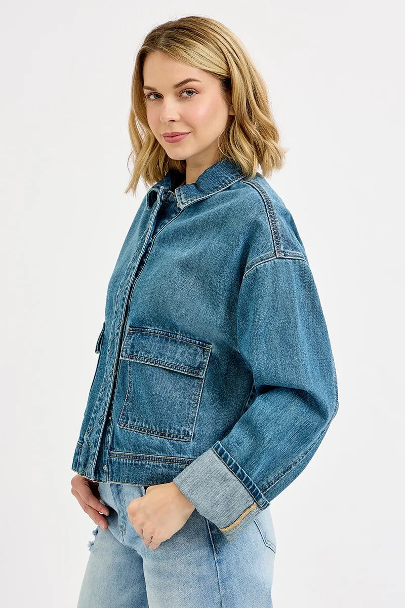 RISEN Oversized Cargo Pocket Denim Jacket Cuffed Sleeves