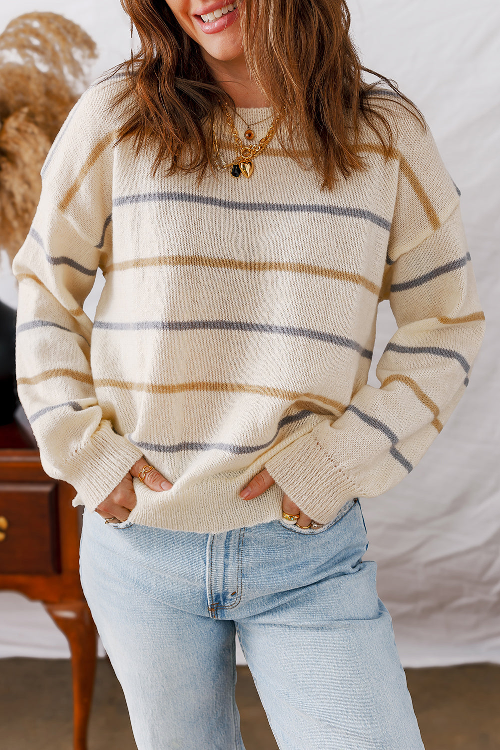 Premium Multicolour Striped Ribbed Edge Drop Shoulder Sweater