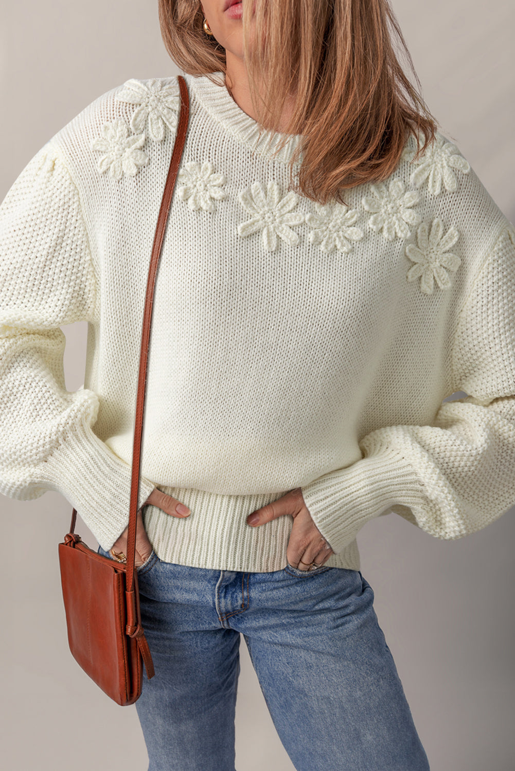 White Flower Round Neck Textured Puff Sleeve Sweater