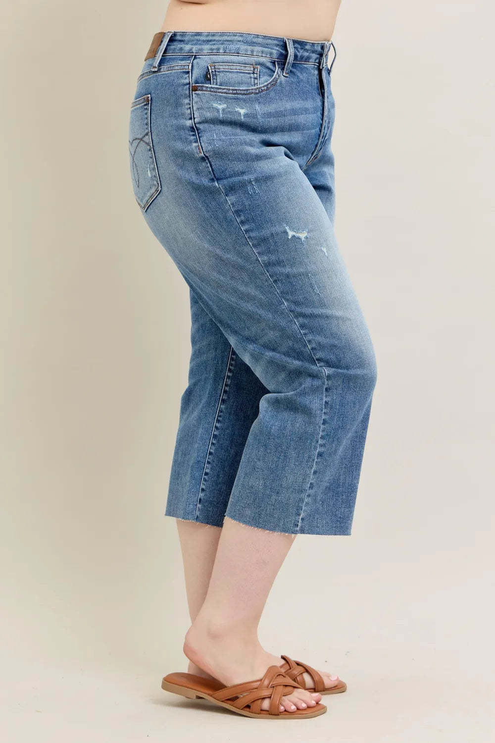Judy Blue Plus Size High Waist Back Destroyed Raw Cut Hem Crop Wide Leg Jeans