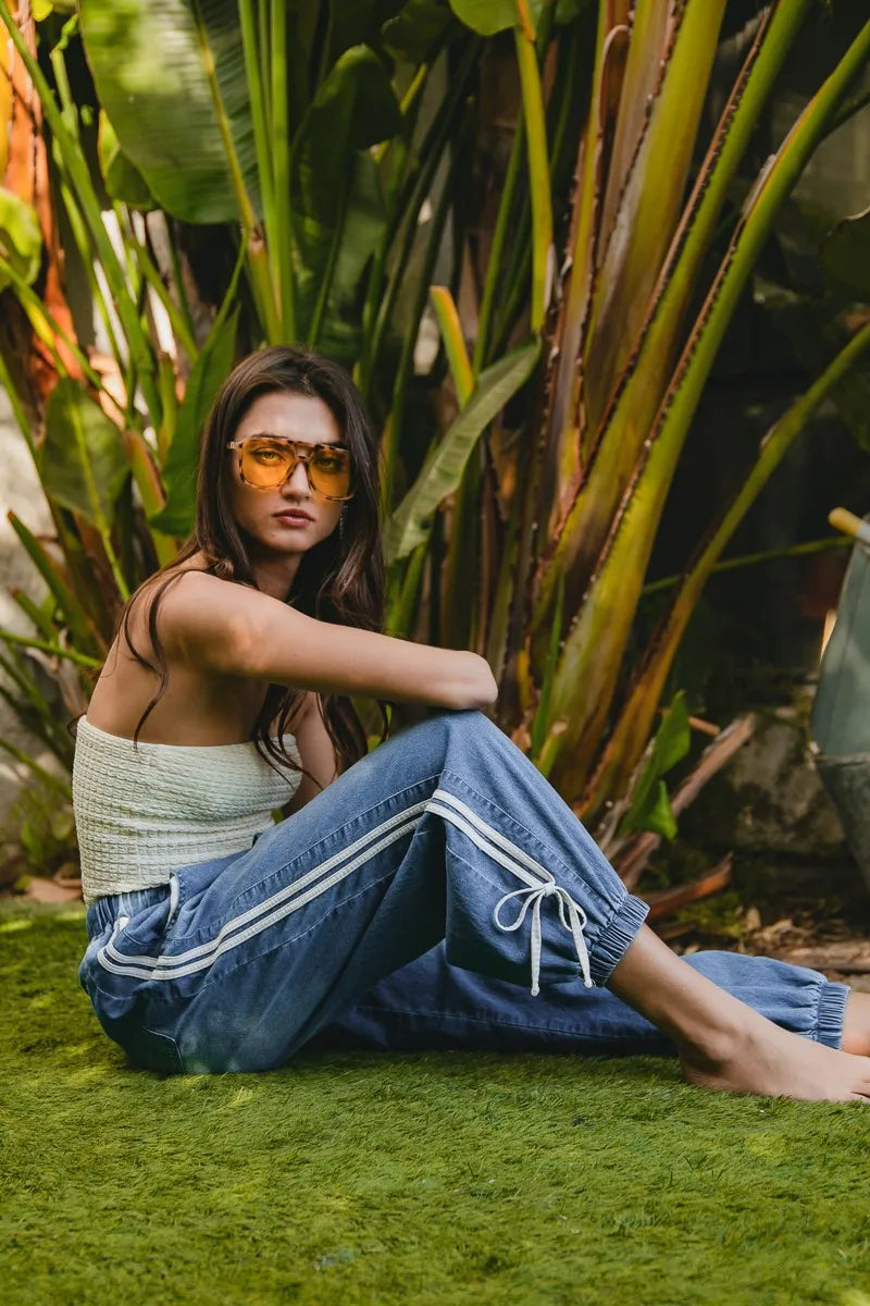 BiBi Striped Tape Details With Bot Tied Point Elastic Waist Jeans