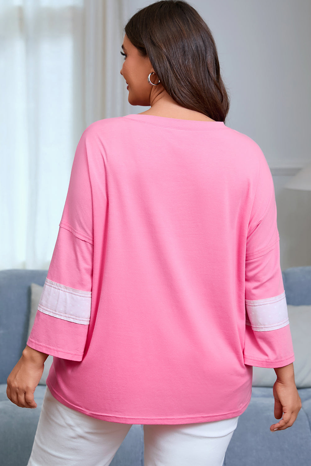 Plus Size Pink Star Patched Colorblock Raw Edge Loose Tee