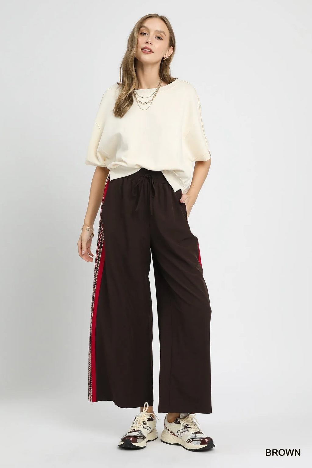 Umgee Wide Leg Pants with Contrast Side Trim