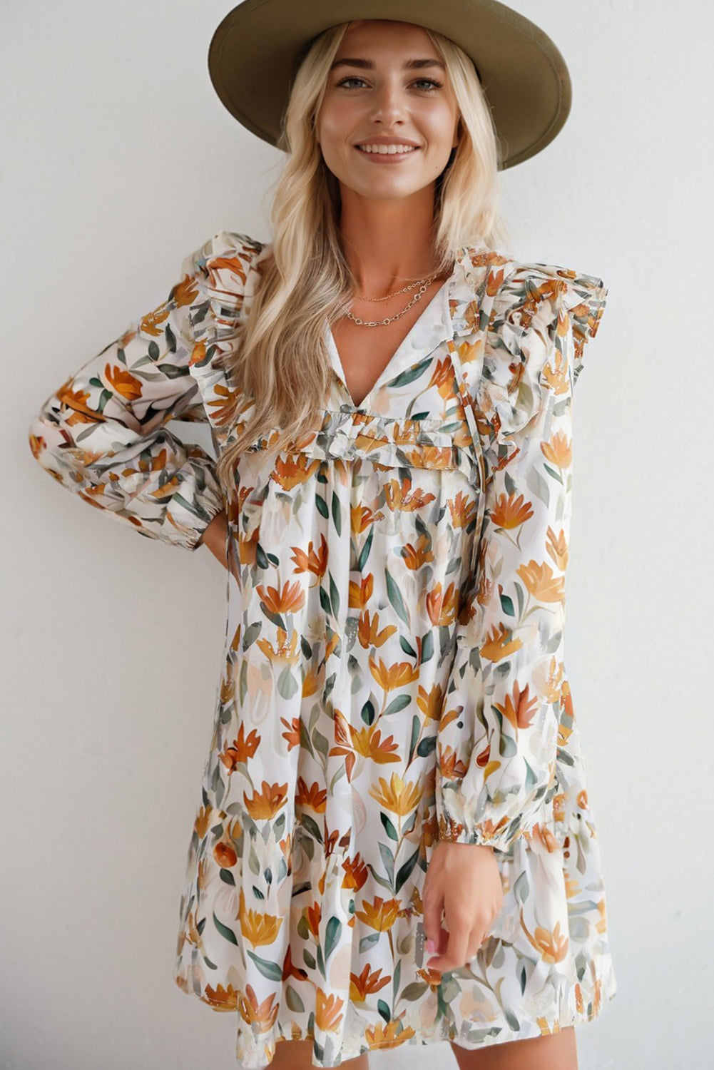Yellow Floral Print Tie Neck Frilled Long Sleeve Mini Dress
