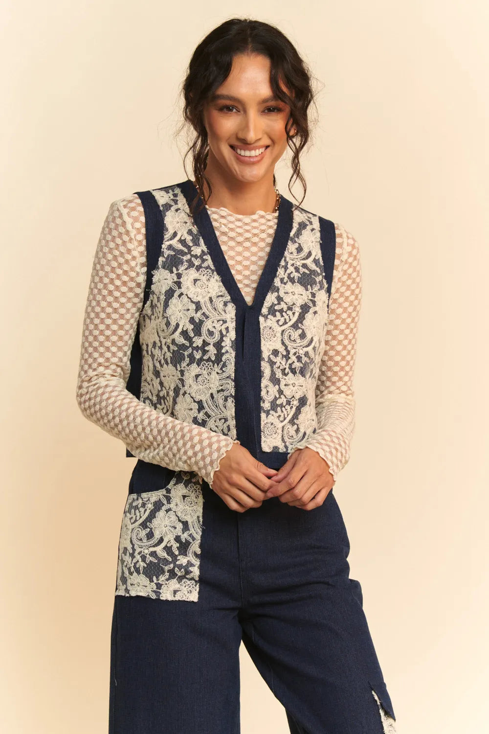 Davi and Dani Lace Patch Open Front Denim Vest