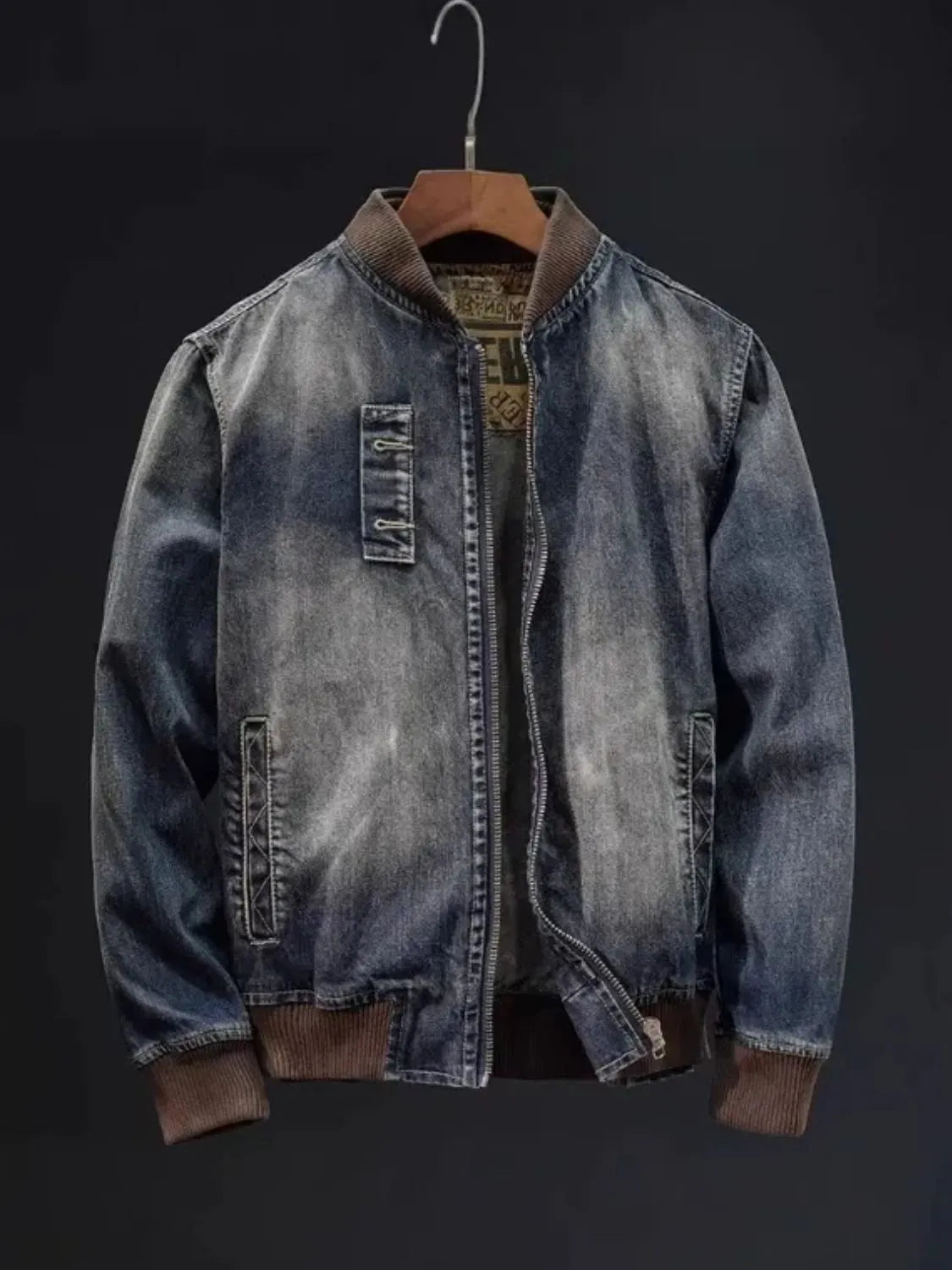 Men's Plus Size Button Up Washed Denim Bomber Jacket