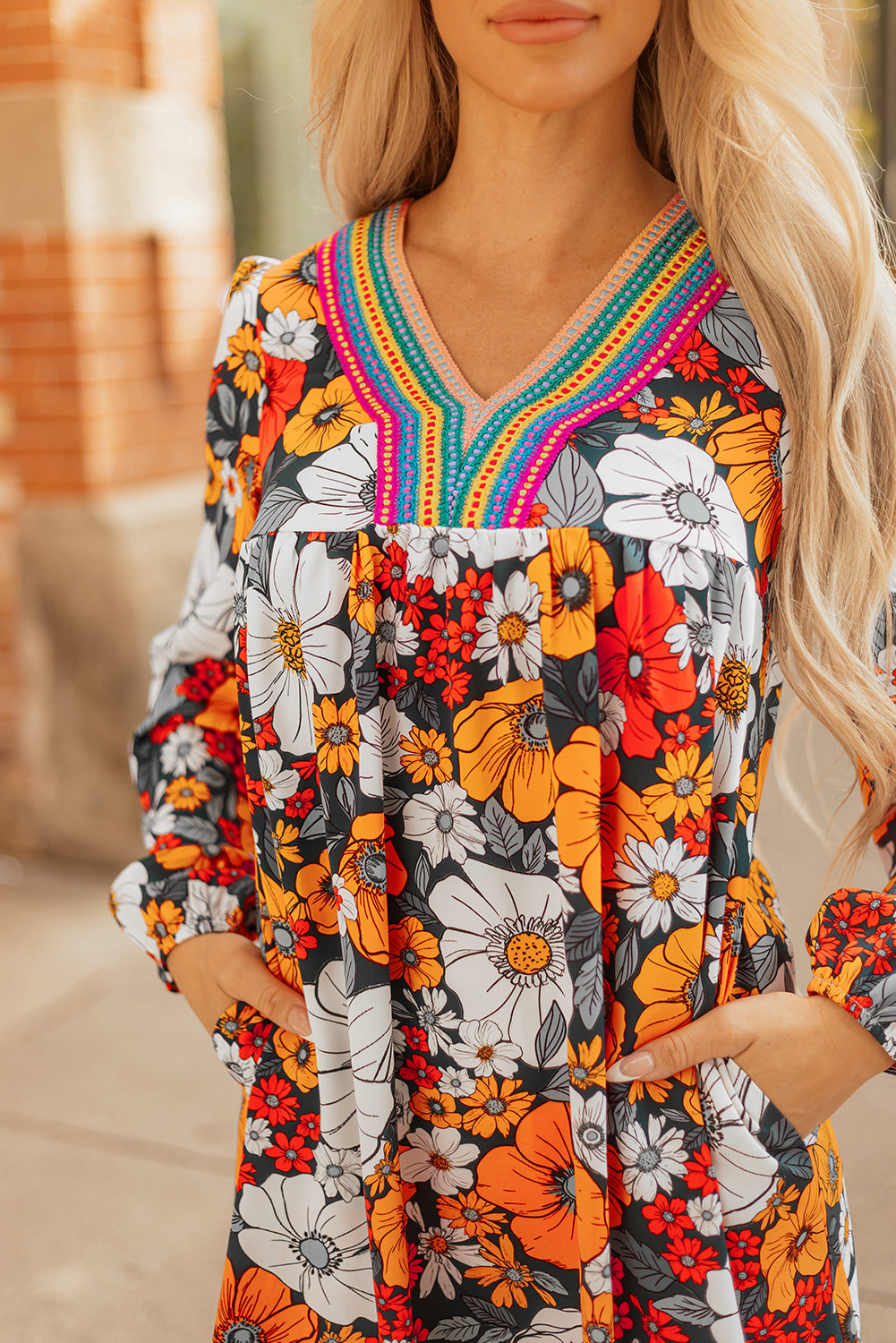 Orange Floral Print Lace V Neck Long Sleeve Mini Dress