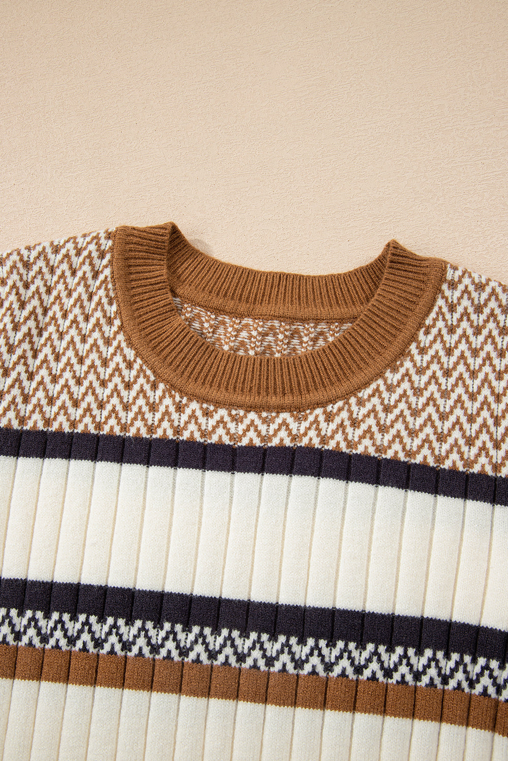 Premium Brown Stripe Knit Slim Sweater With Ribbed Trim Detail