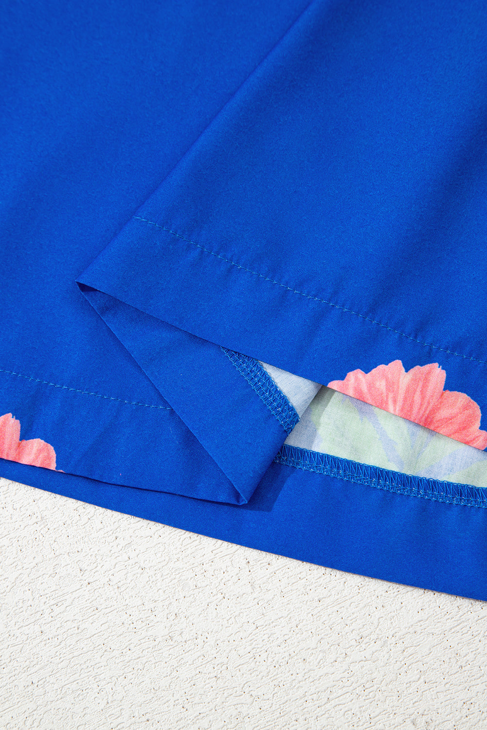 Blue Floral Short Sleeve Split Neck Loose Mini Dress