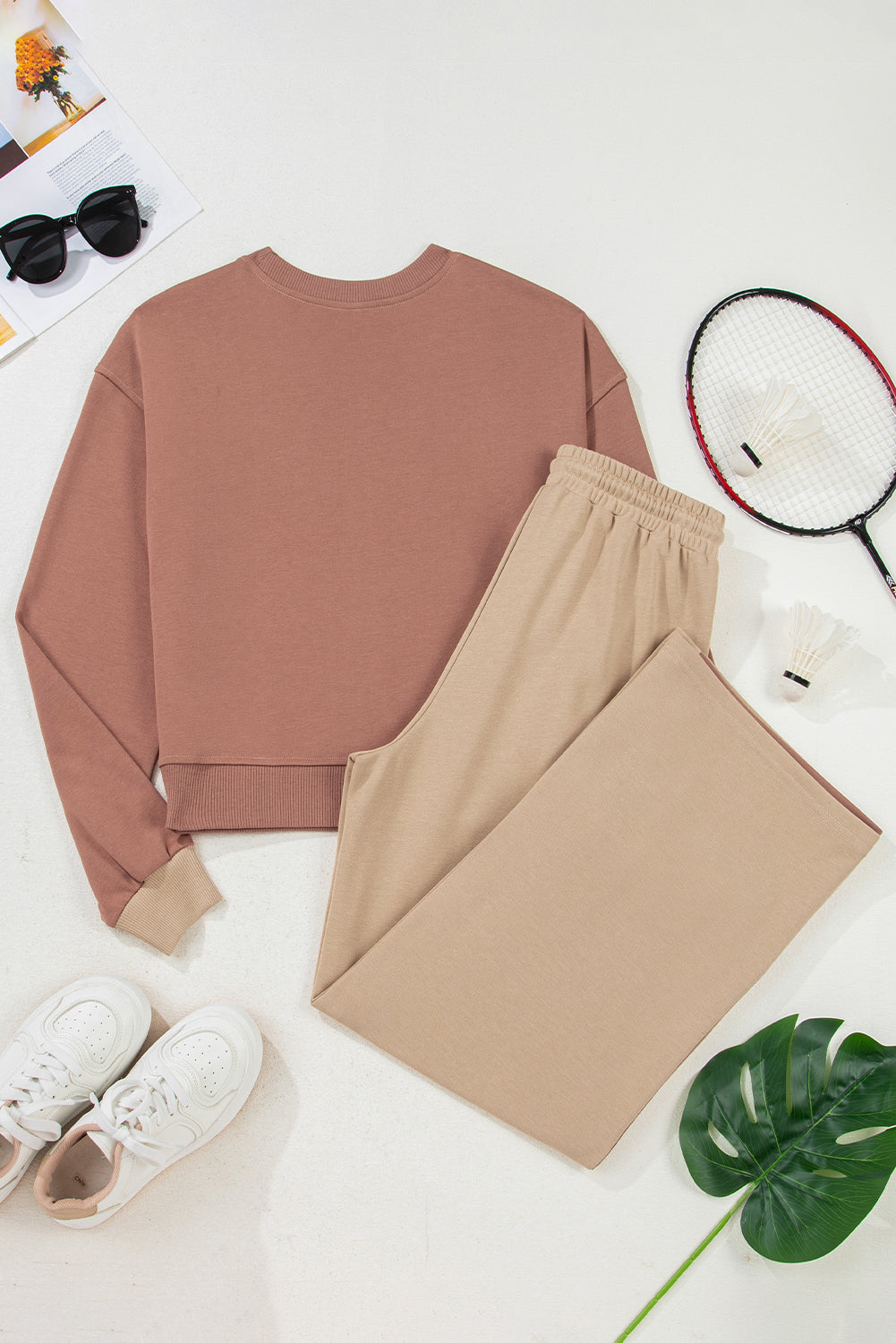 Premium Khaki Color Block Long Sleeve Crop Top Drawstring Pants Set