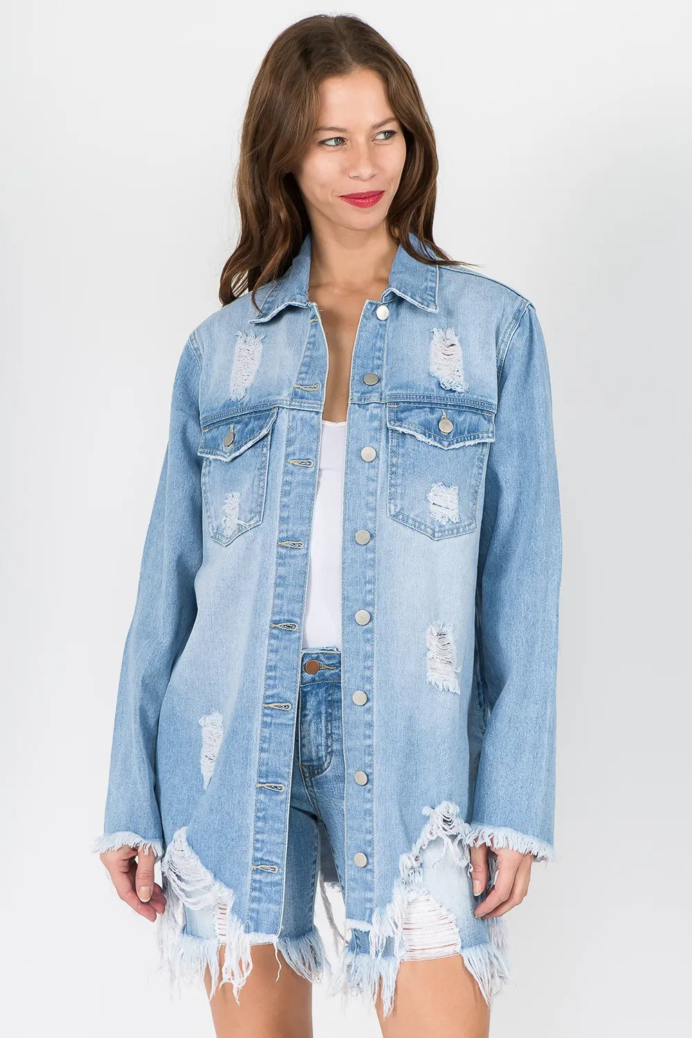 Trendsi American Bazi Denim Jacket Light Blue Small Distressed Frayed Hem