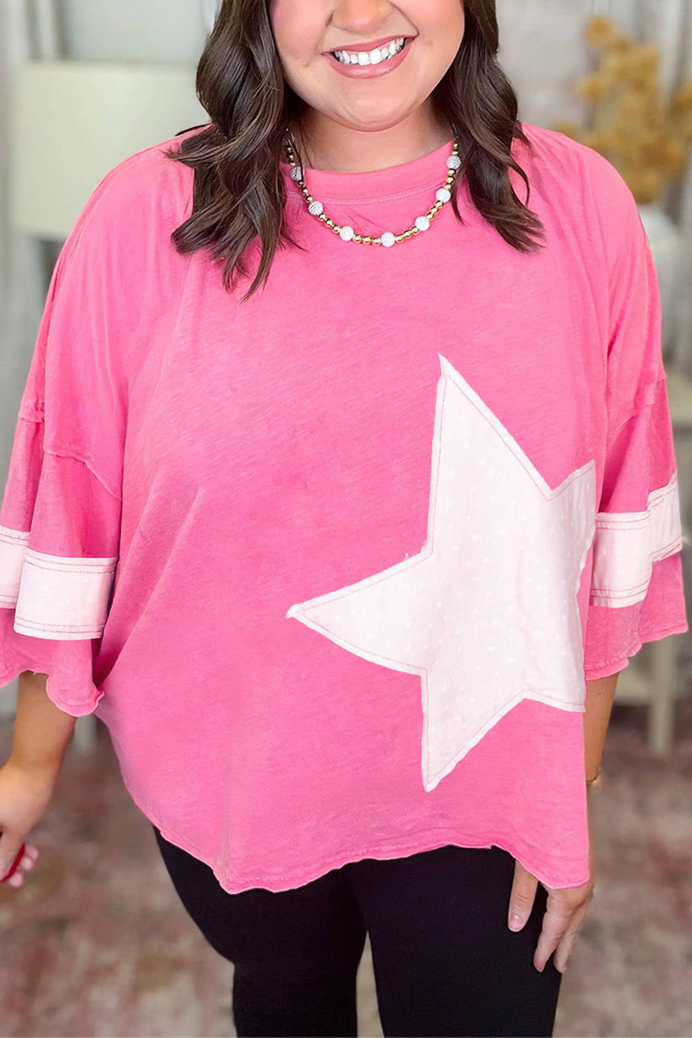 Plus Size Pink Star Patched Colorblock Raw Edge Loose Tee