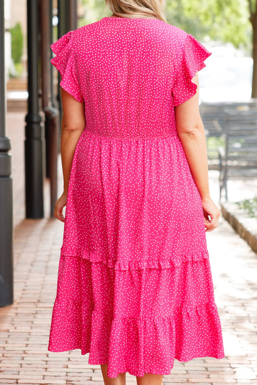 Rose Polka Dot Print Ruffled Smocked Plus Size Midi Dress