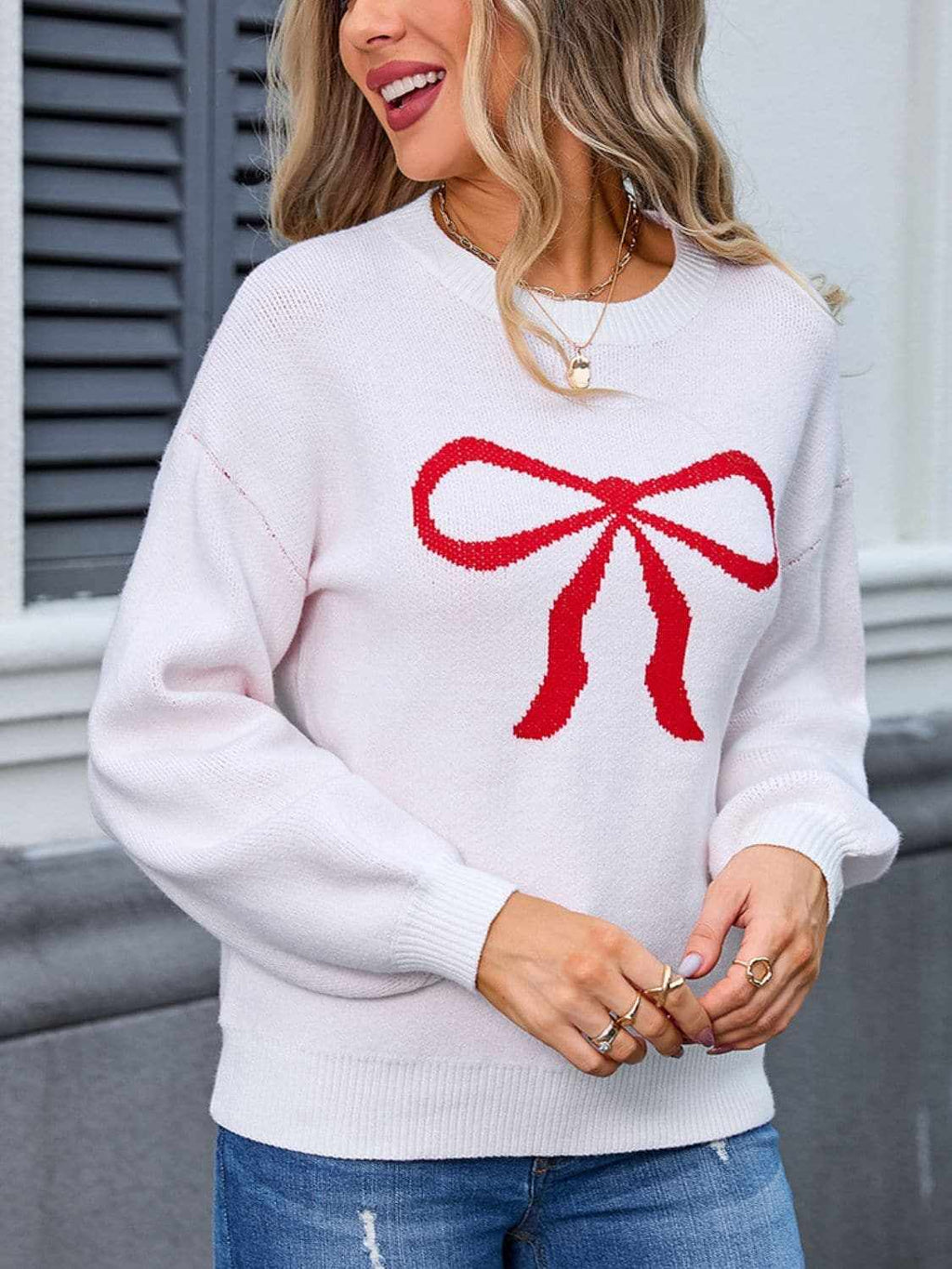 Charming bow print long sleeve sweater
