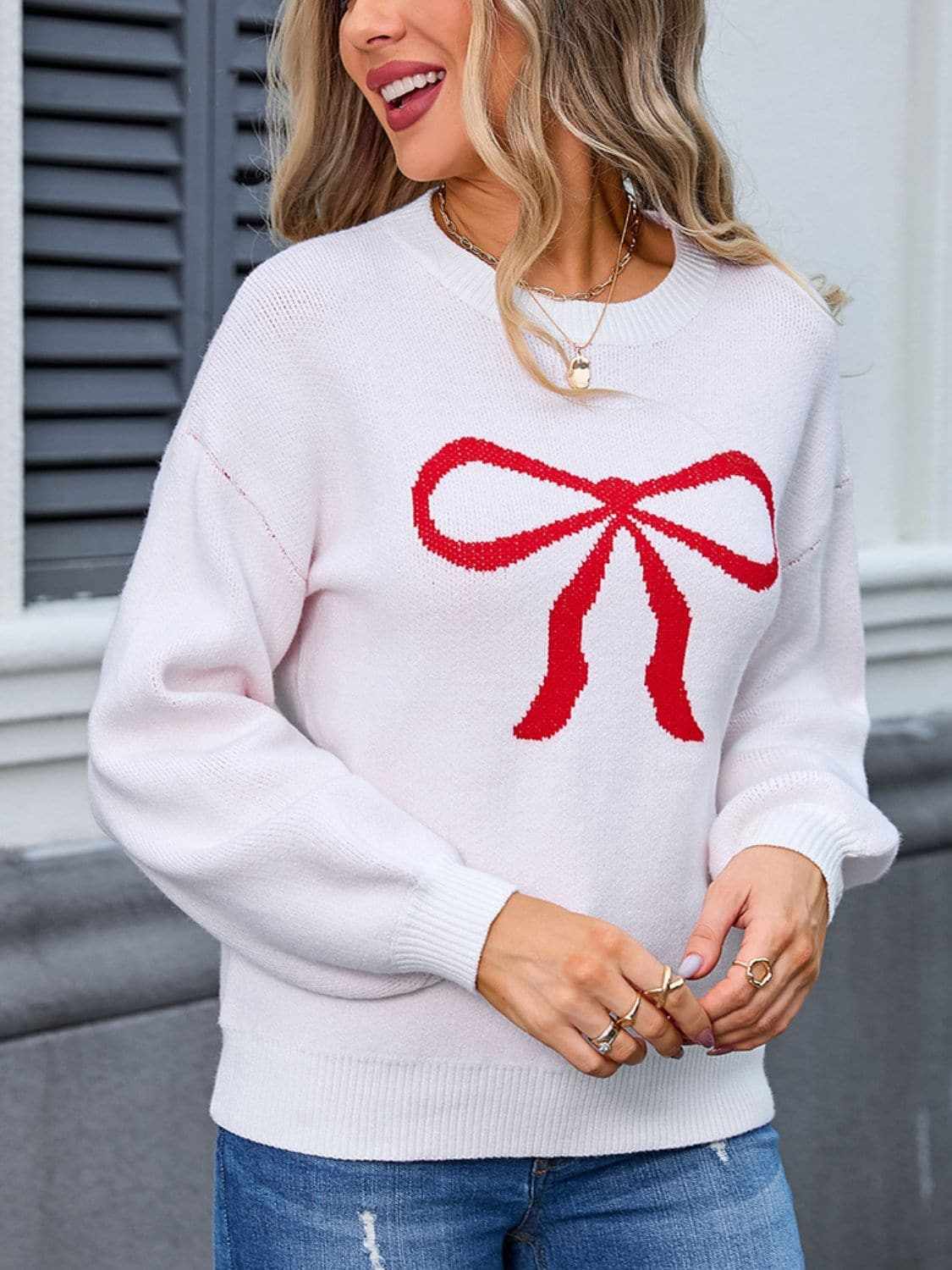 Charming bow print long sleeve sweater