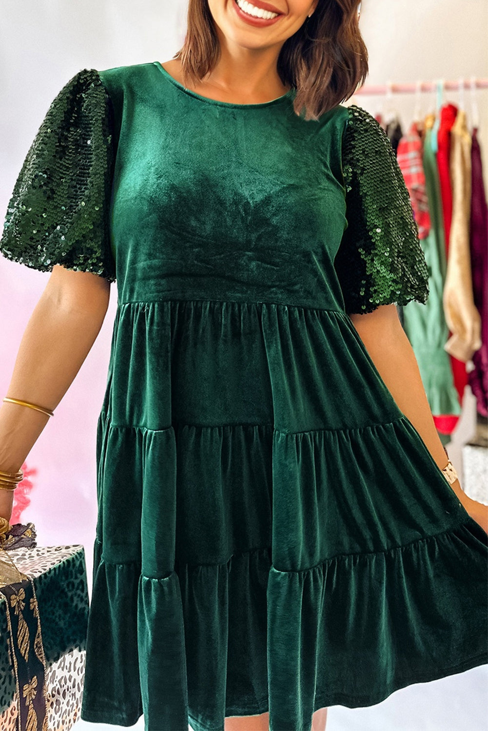 Evergreen Sequin Puff Sleeve High Waist Velvet Mini Dress
